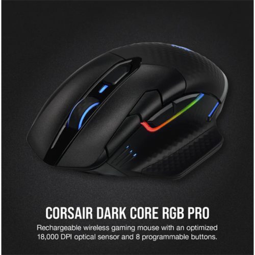 CORSAIR Vezetékes/Vezeték Nélküli Egér Gaming, DARK CORE RGB PRO, 8 programozható gomb, RGB, 18000dpi, fekete