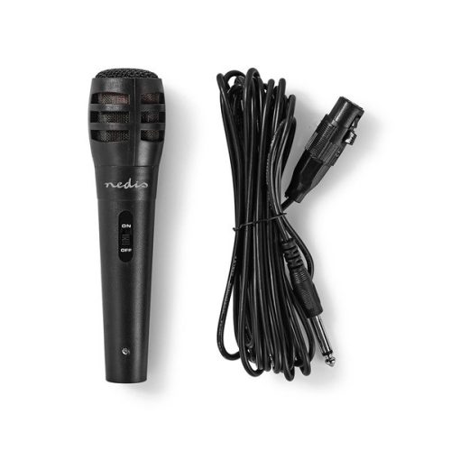 Nedis MPWD15BK dinamikus mikrofon, 5m levehető kábel, 80Hz-12kHz,  600 Omh, 75dB, utazó tok, integrált kapcsoló
