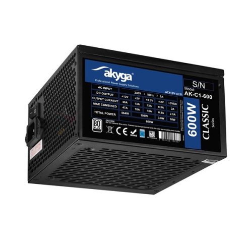 AKYGA Tápegység 600W 80+, 12cm, 20+4
