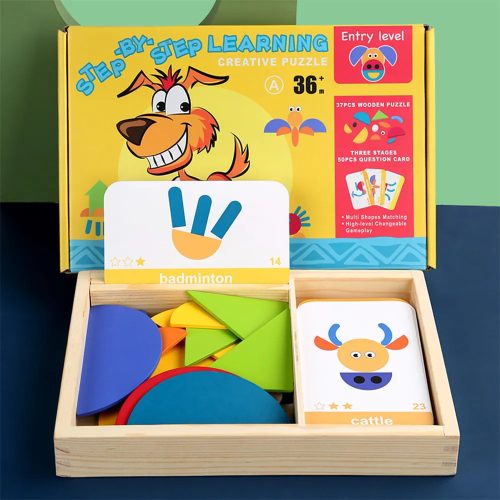 Mágneses tangram fajáték angol kártyákkal, kezdő szint